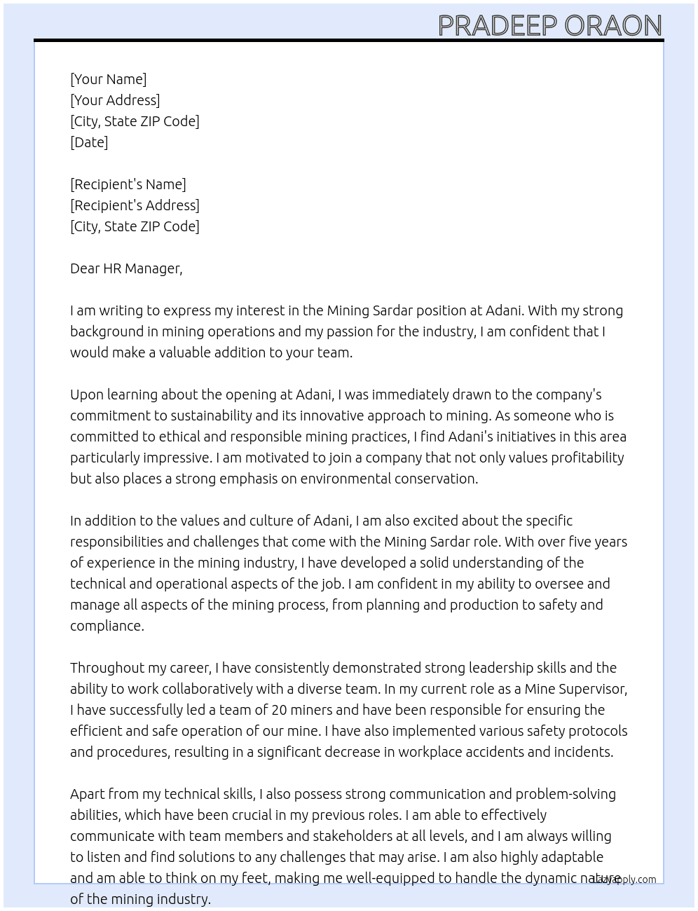 Cover letter for mining sardar - LazyApply