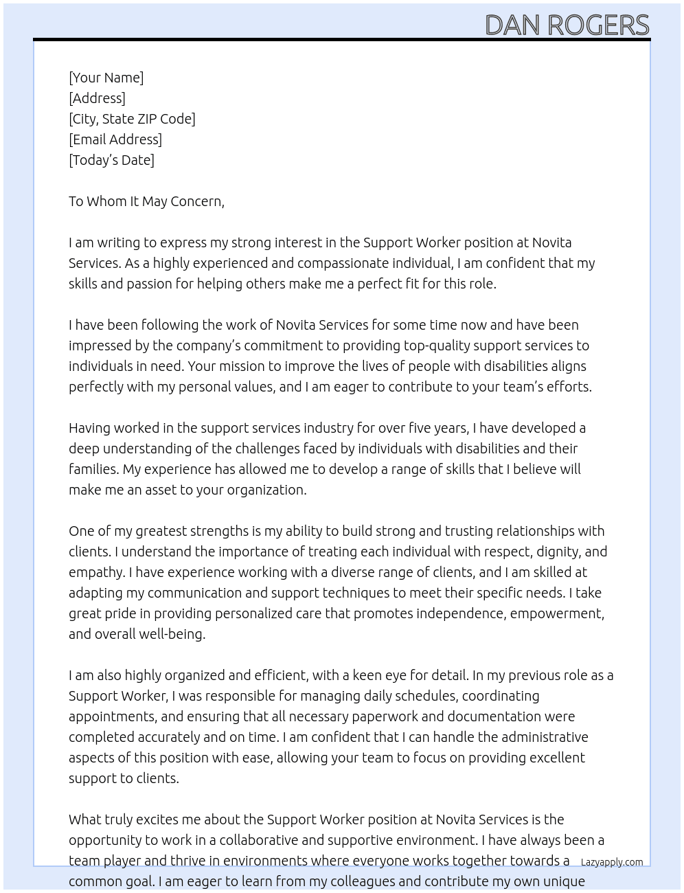 Support Workers At Novita Services Cover Letter