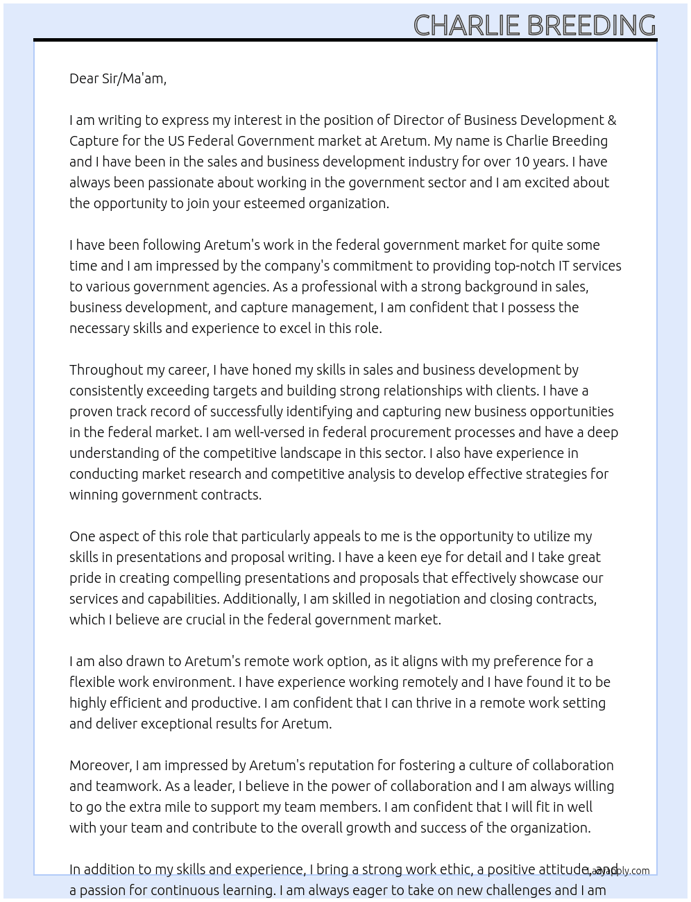Director of Business Development & Capture for US Federal Government market At Aretum Cover Letter