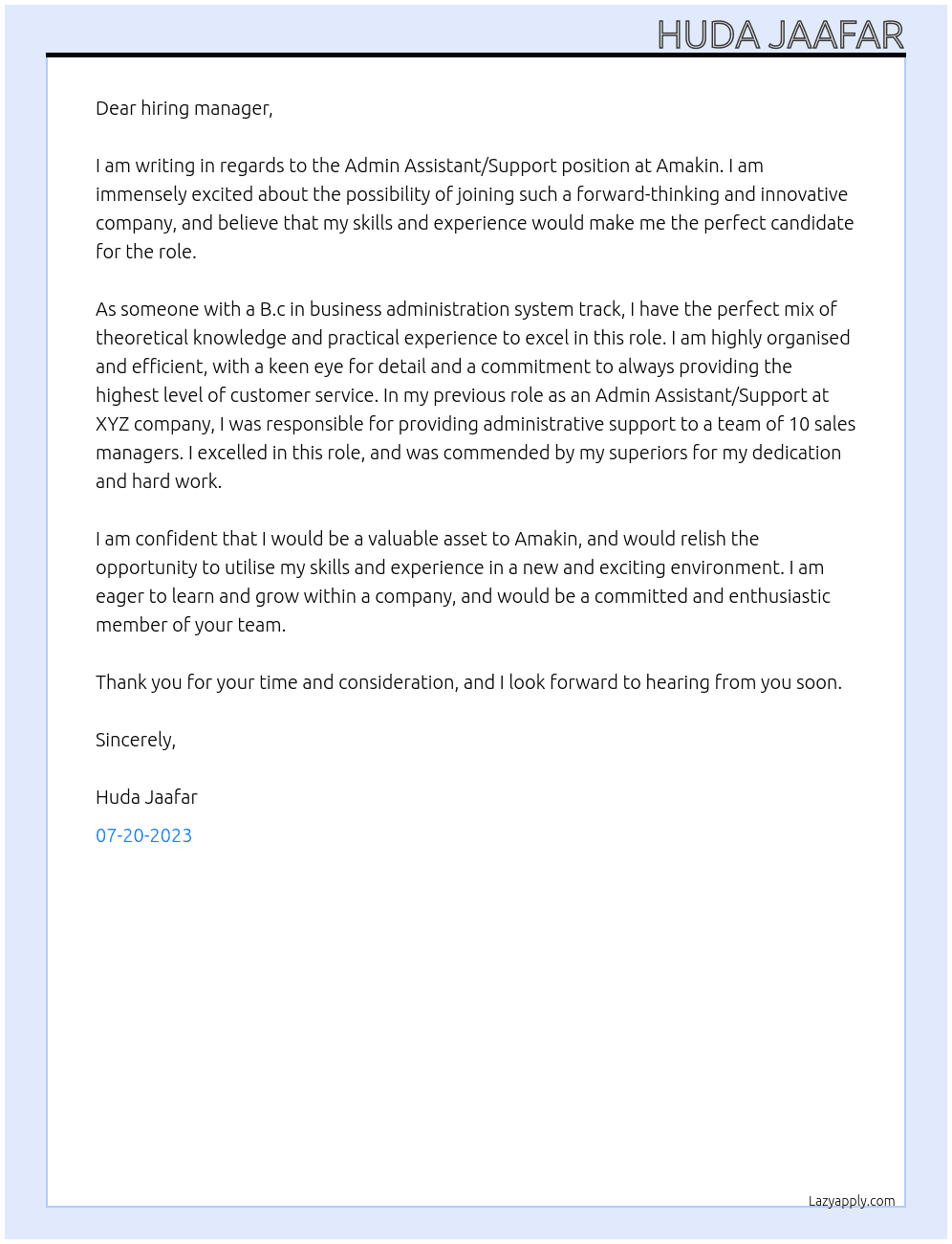 Admin Assistant/SupportAdmin Assistant/Support At Amakin Cover Letter