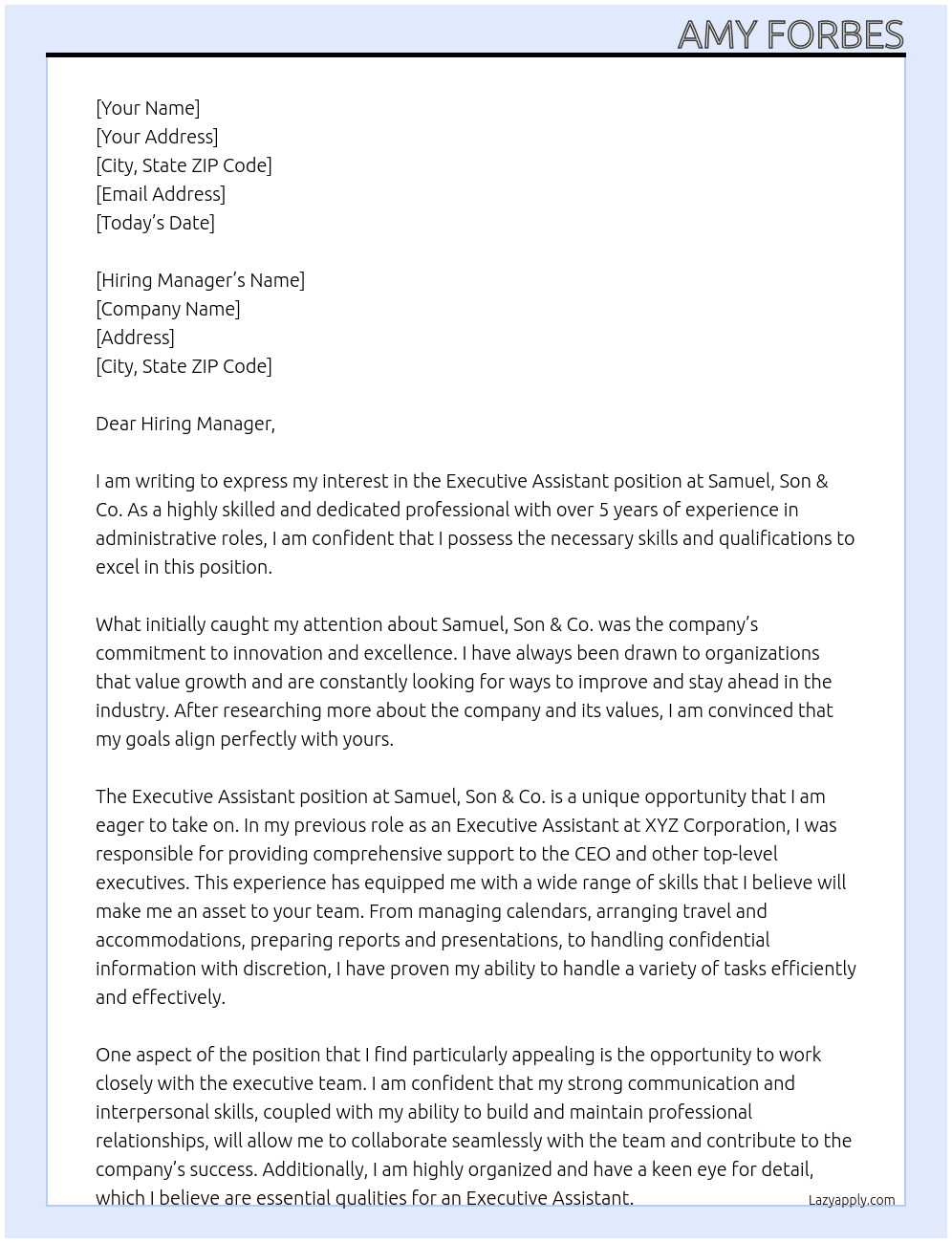 Executive Assistant At  Samuel, Son & Co. Cover Letter