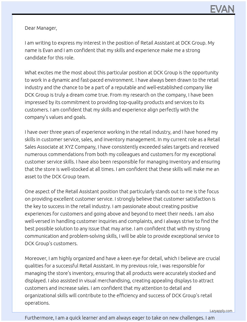 Retail Assistant At DCK Group Cover Letter