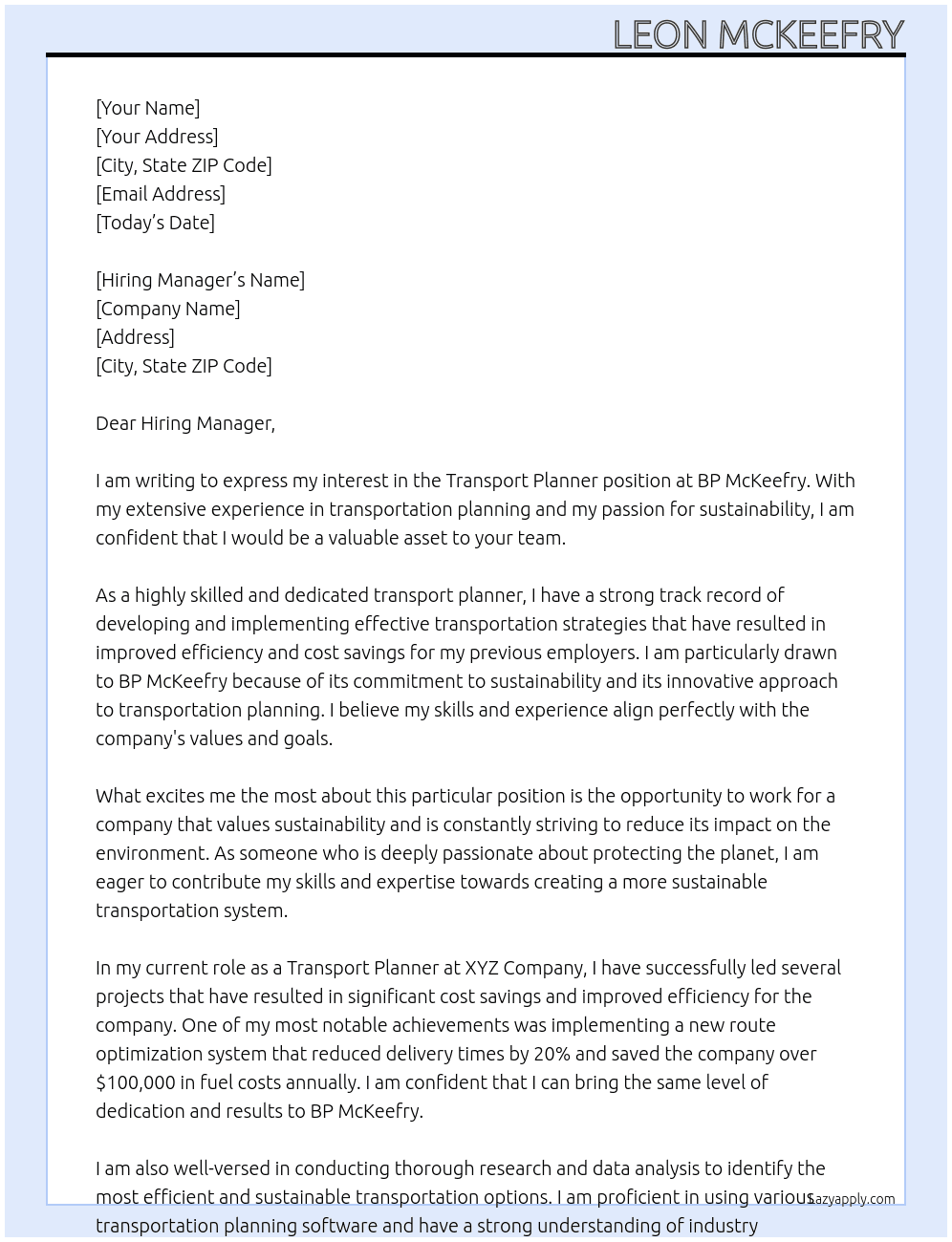 Transport planner At Bp mckeefry Cover Letter