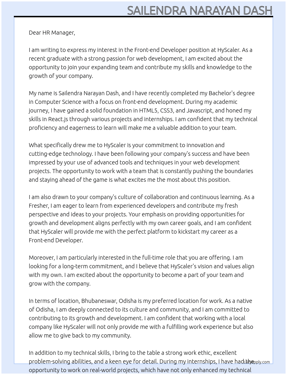 Front-end developer Fresher At HyScaler Cover Letter