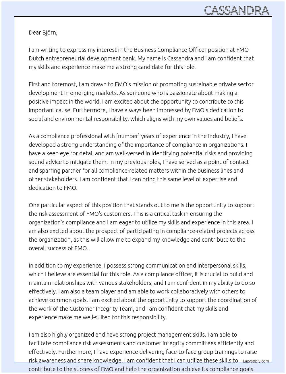 Business Complaince Officer At FMO- Dutch entrepreneurial development bank Cover Letter