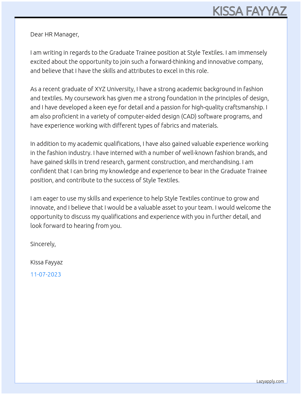 Graduate Trainee At Style textiles Cover Letter