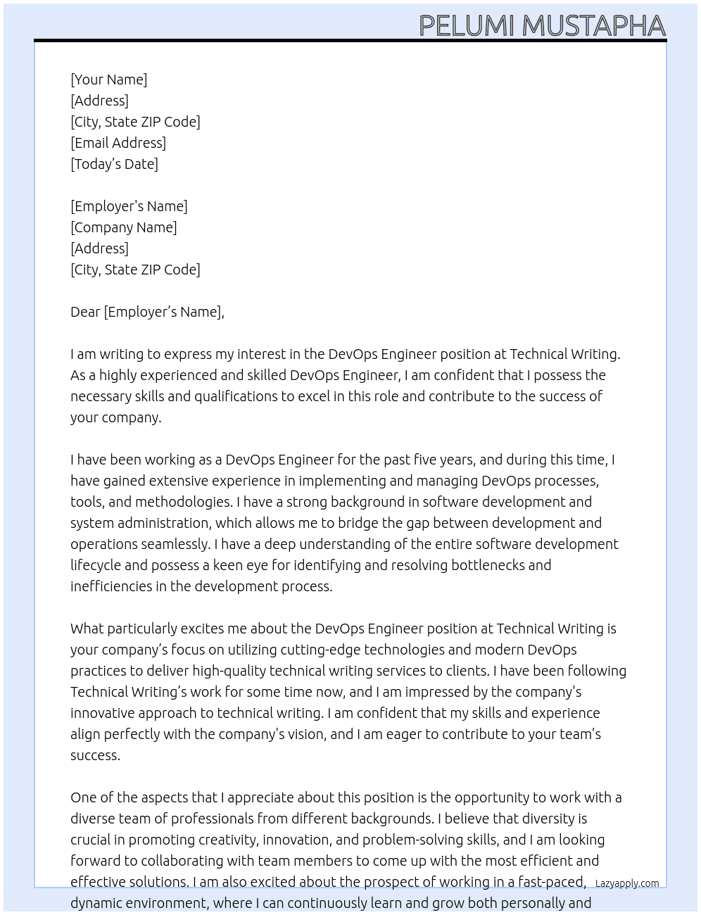 Devops Engineer At Technical writing Cover Letter