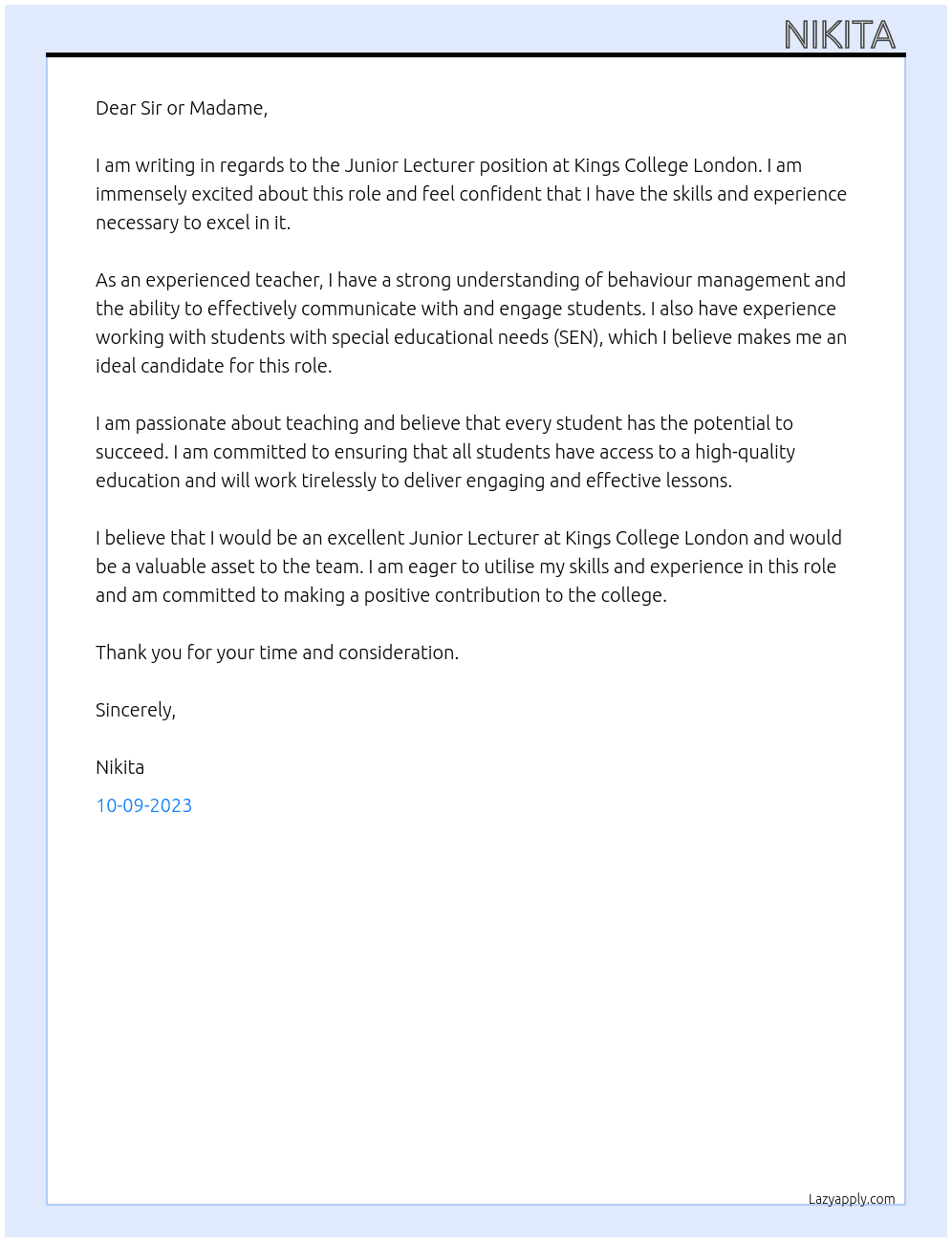 Junior lecturer  At Kings College London  Cover Letter