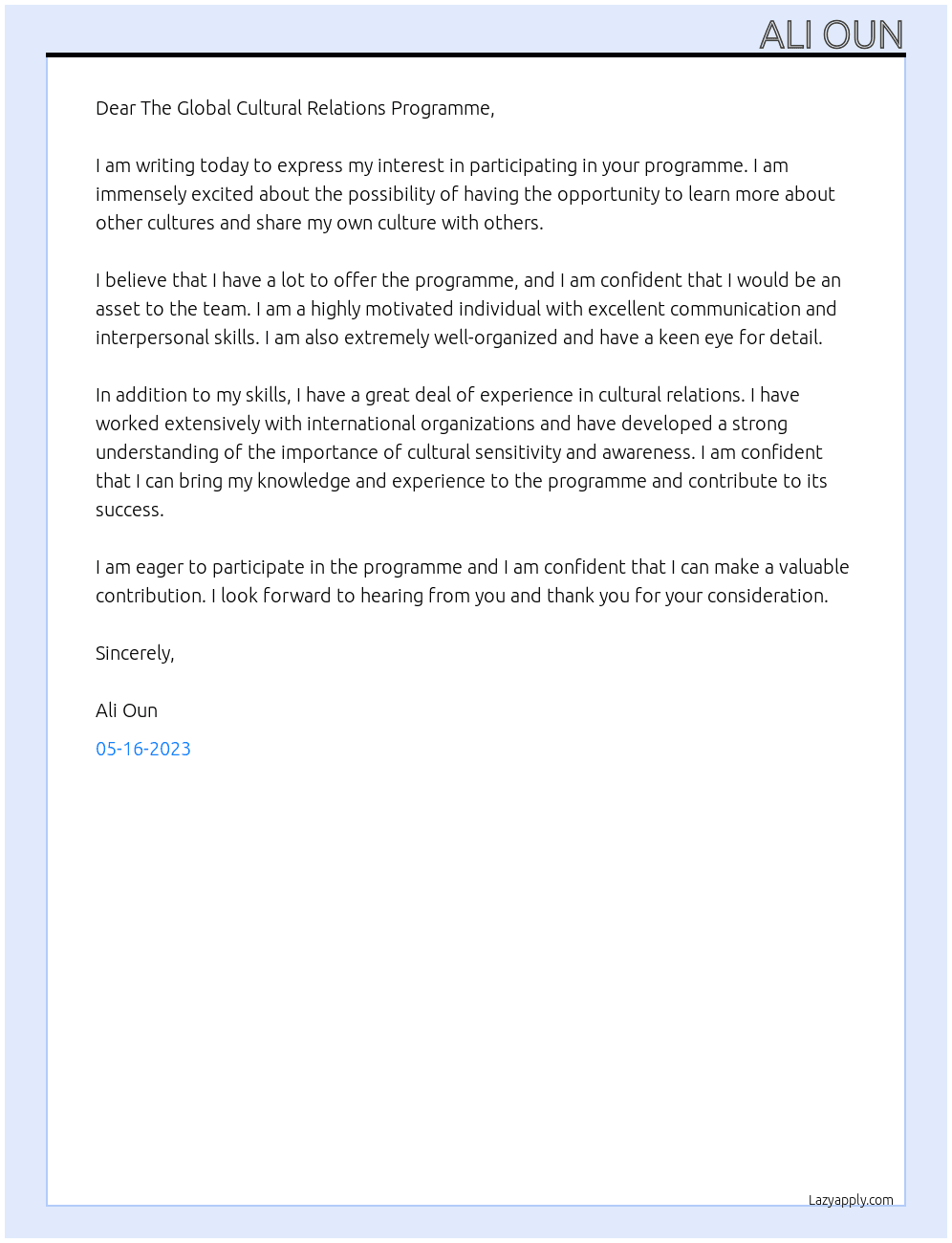 participator At The Global Cultural Relations Programme Cover Letter