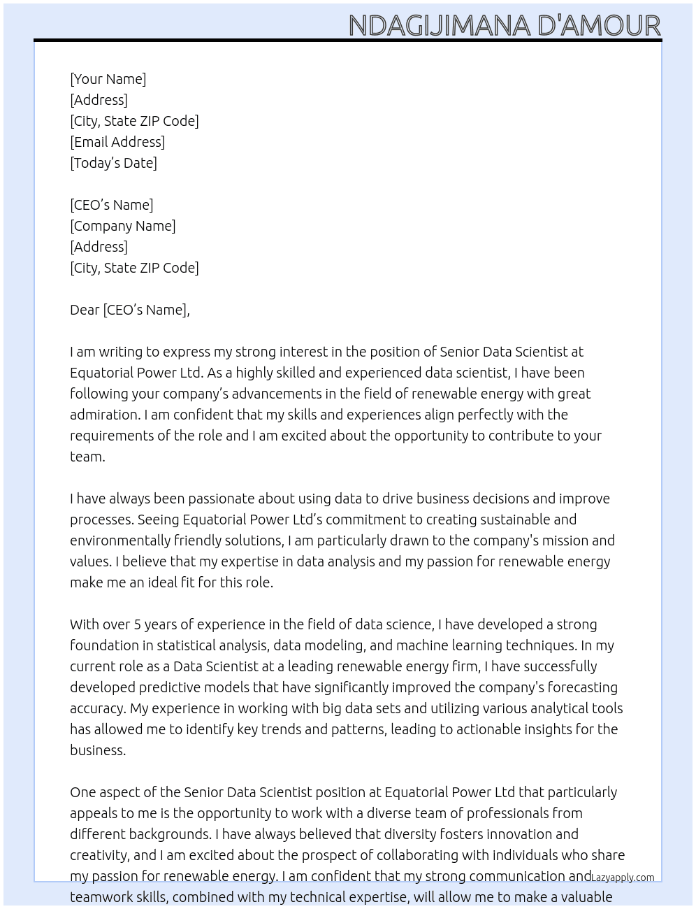 Senior Data Scientist At Equatorial Power Ltd Cover Letter