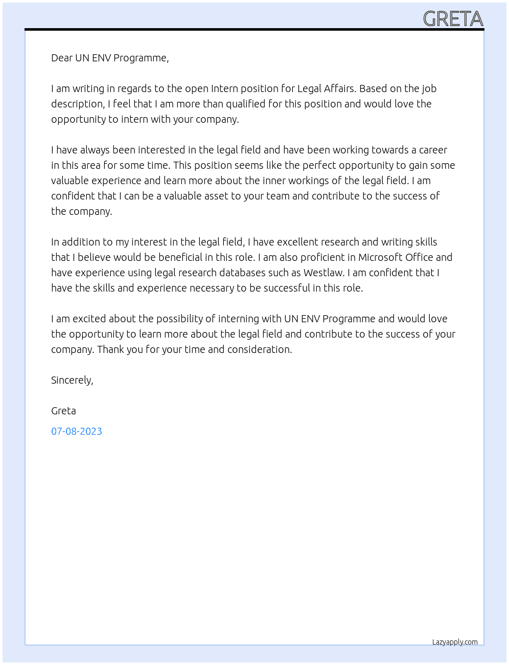 intern legal affiars At un env programme Cover Letter