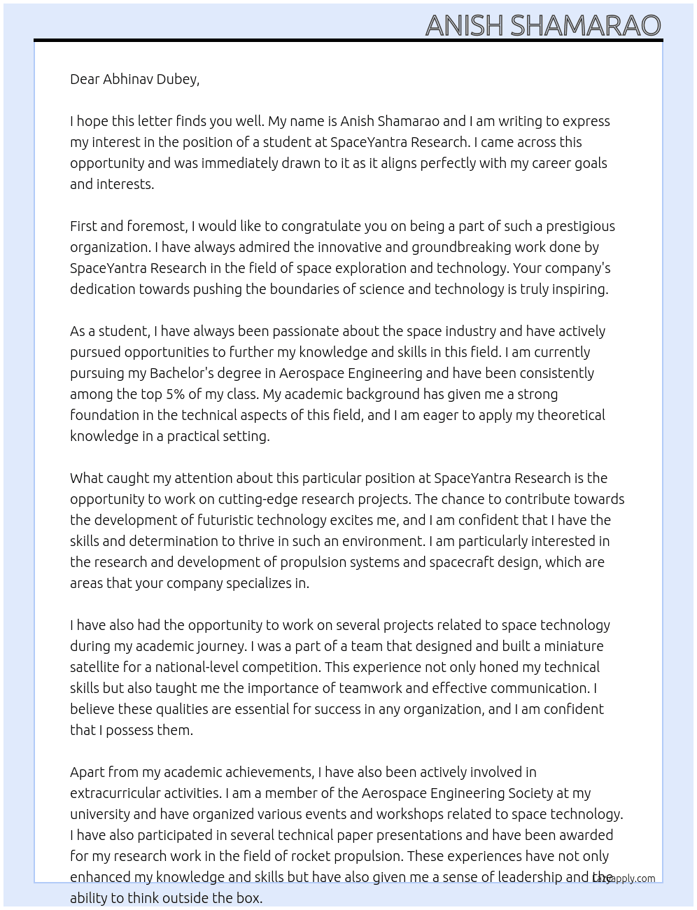 Student At SpaceYantra Research Cover Letter