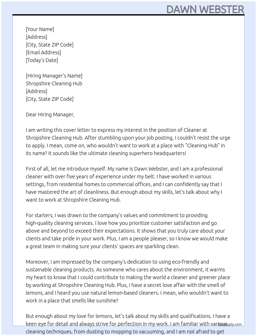 Cleaner At Shropshire Cleaning Hub Cover Letter