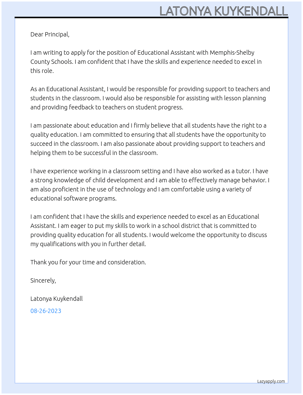 Educational Assistant At Memphis-Shelby County Schools Cover Letter