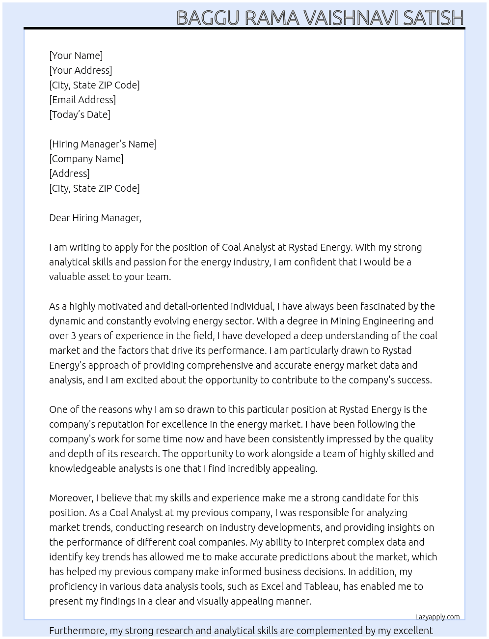 Cover letter for coal analyst - LazyApply