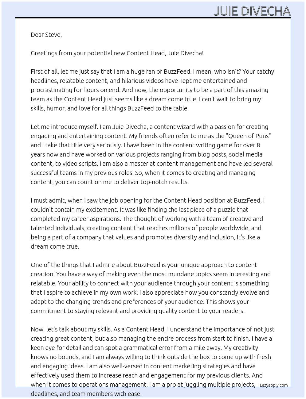 Content Head At BuzzFeed Cover Letter