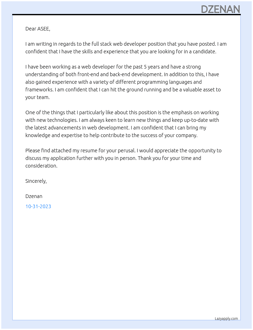 Full stack web developer At ASEE Cover Letter