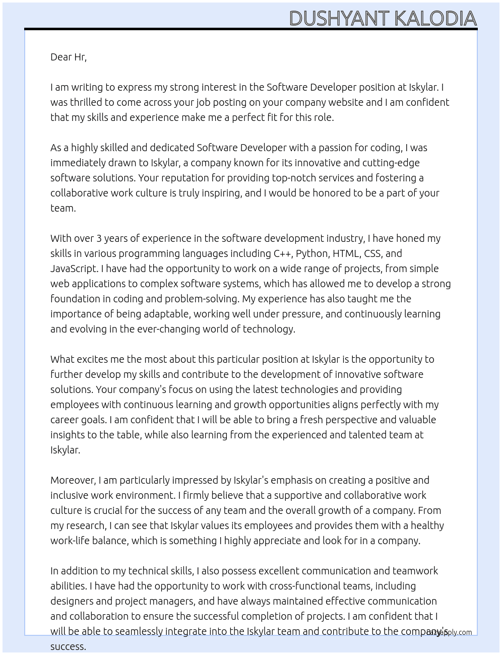 Software developer  At Iskylar Cover Letter