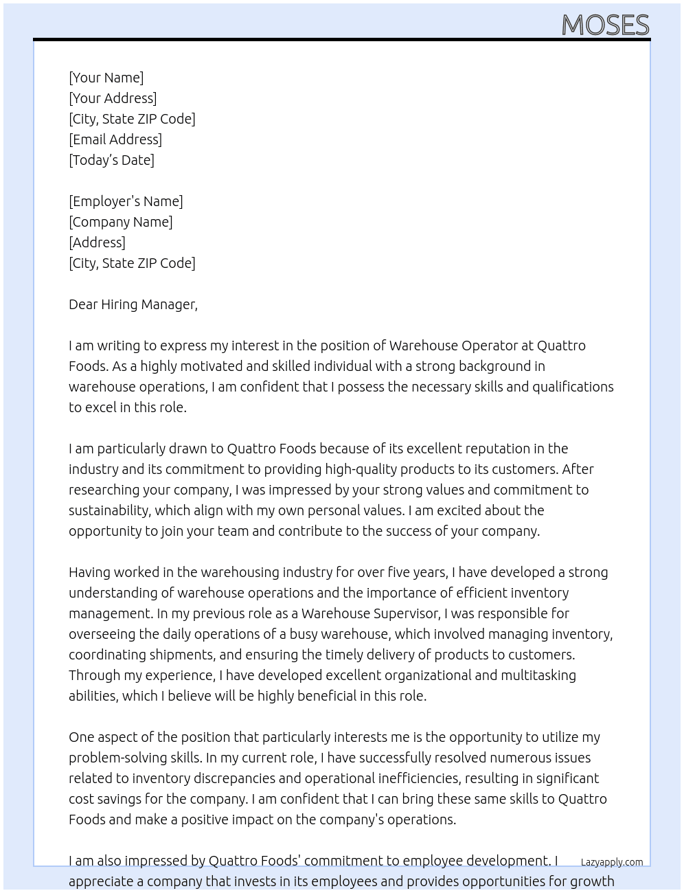 warehouse operator At Quattro foods  Cover Letter