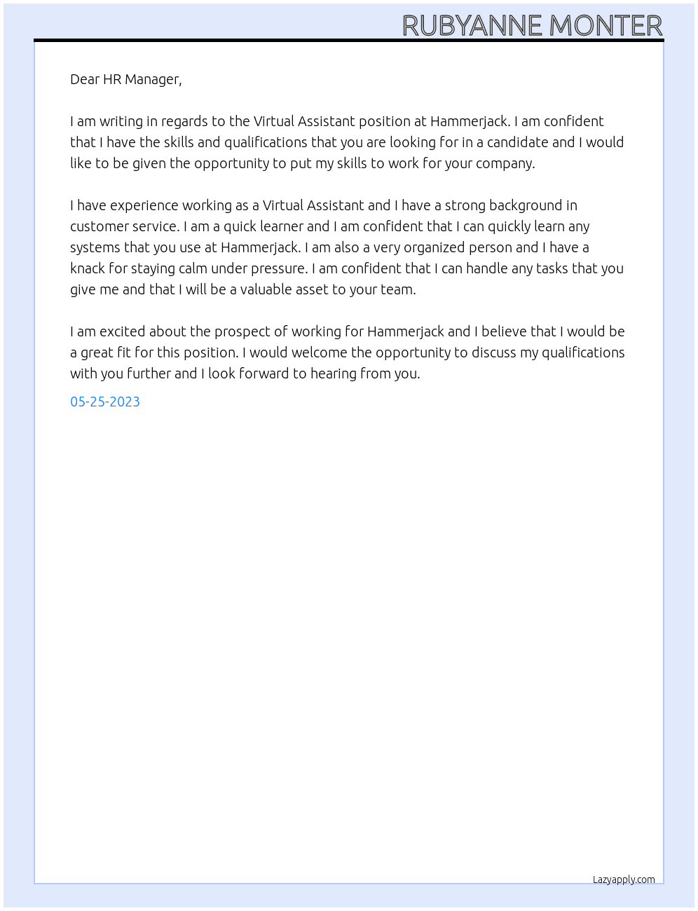 Virtual assistant At Hammerjack Cover Letter