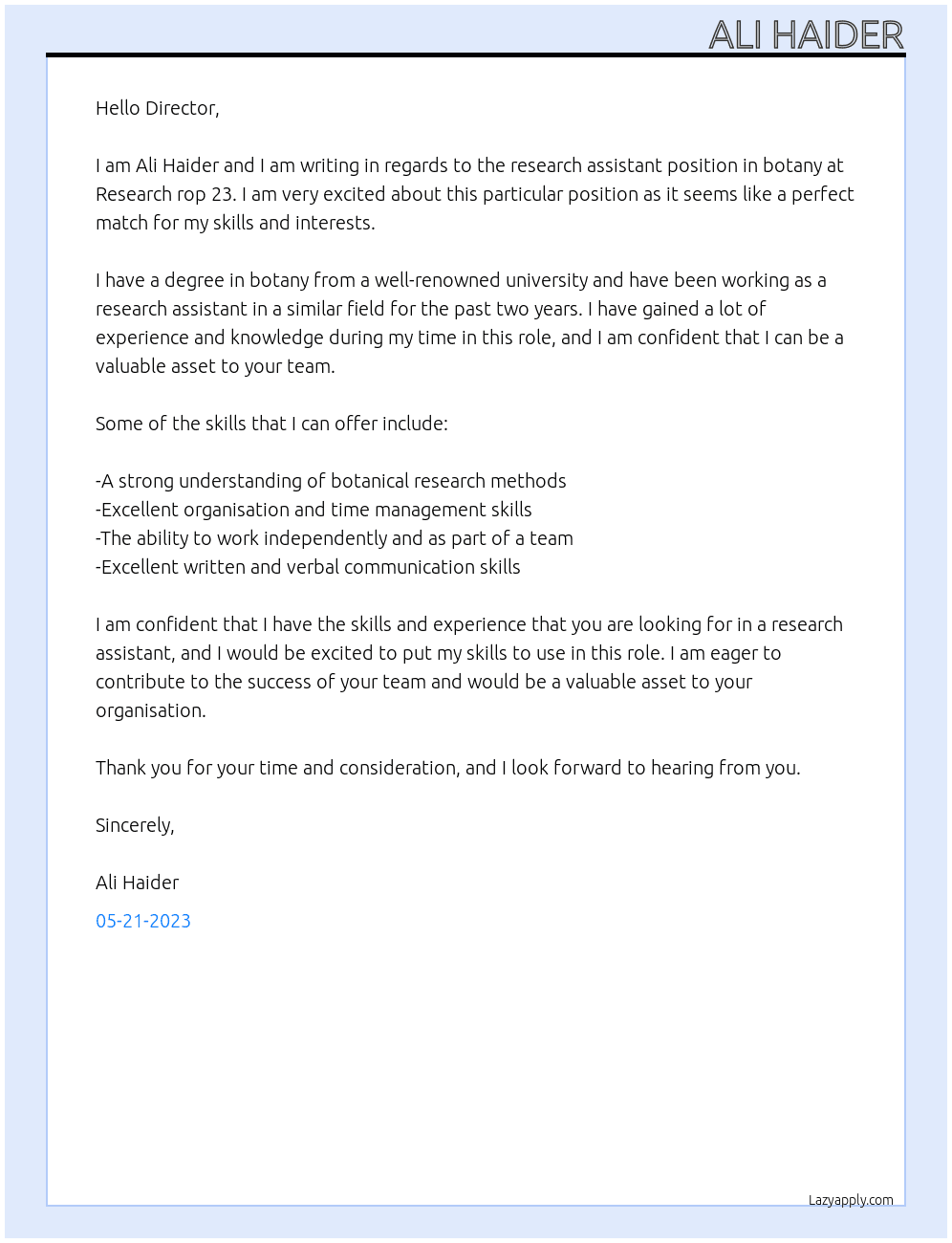 Research assistant in botany At Research rop 23 Cover Letter