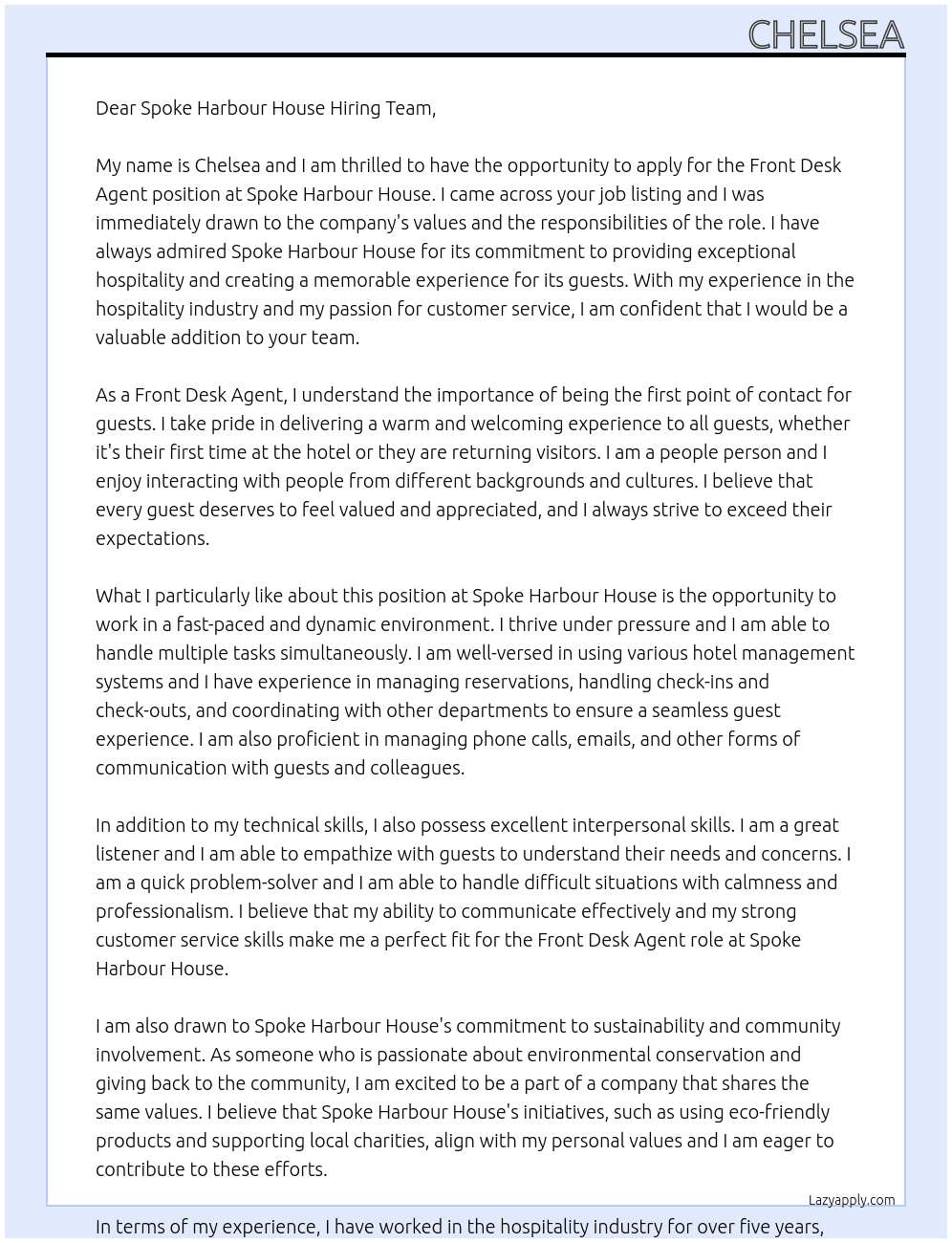 Front desk agent At Spoke harbour house  Cover Letter