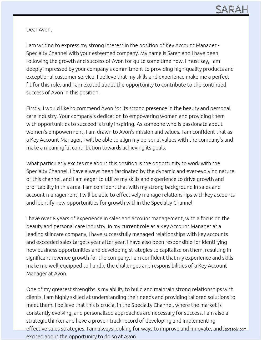 Key Account Manager - Specialty Channel At Avon Cover Letter