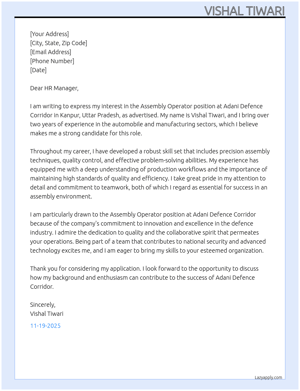Cover letter for assembly opretor - LazyApply