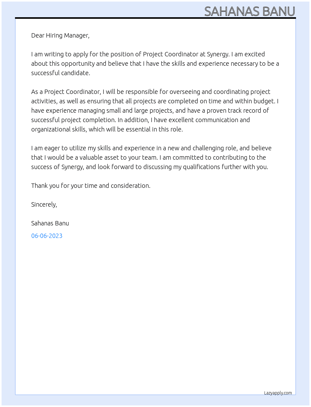 Project Coordinator  At Synergy  Cover Letter