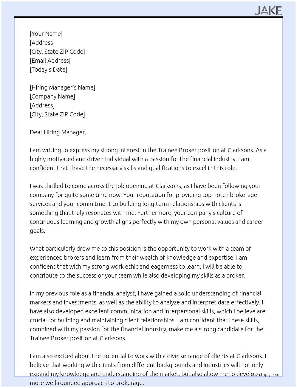 Trainee Broker At Clarksons Cover Letter