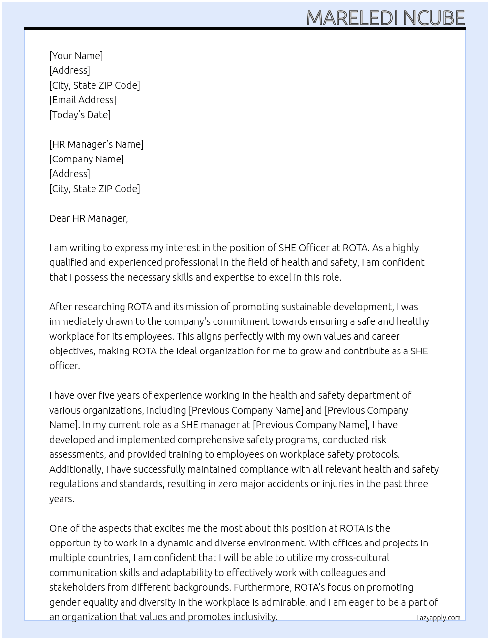 SHE officer At ROTA Cover Letter