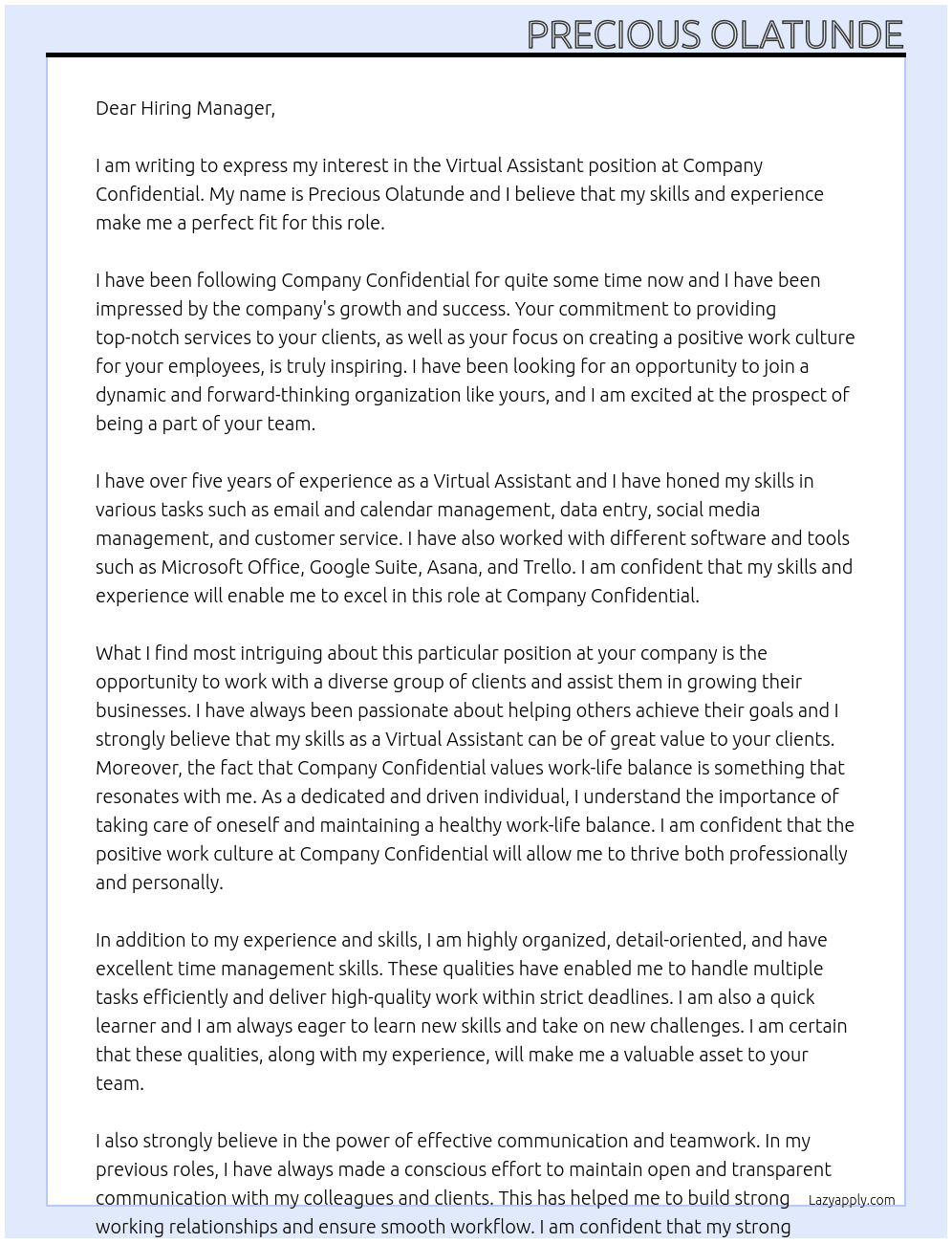 Virtual Assistant  At company confidential Cover Letter