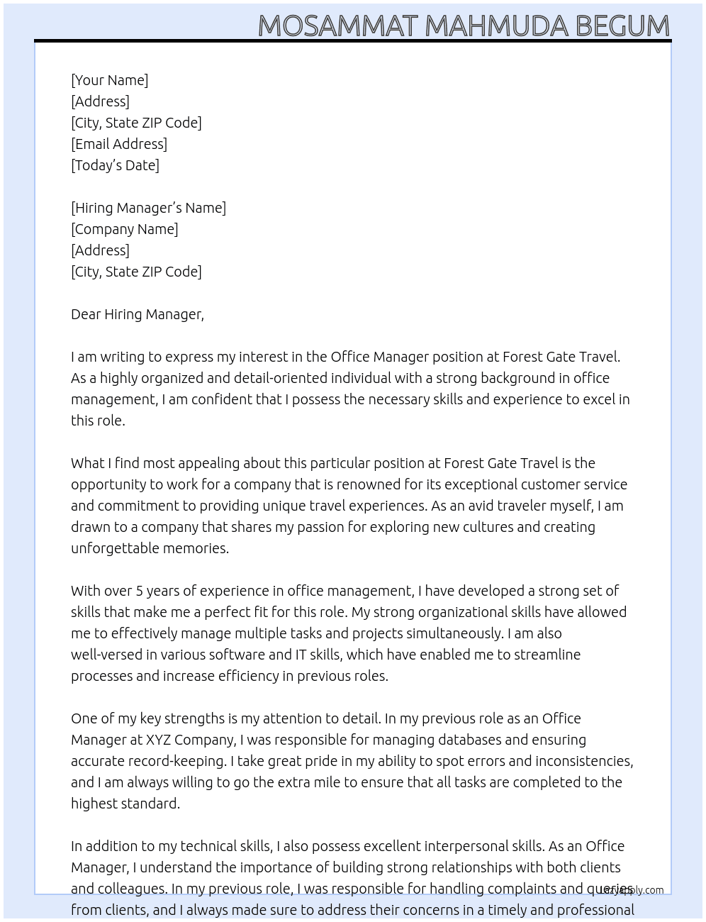 Office Manager At Forest Gate Travel Cover Letter