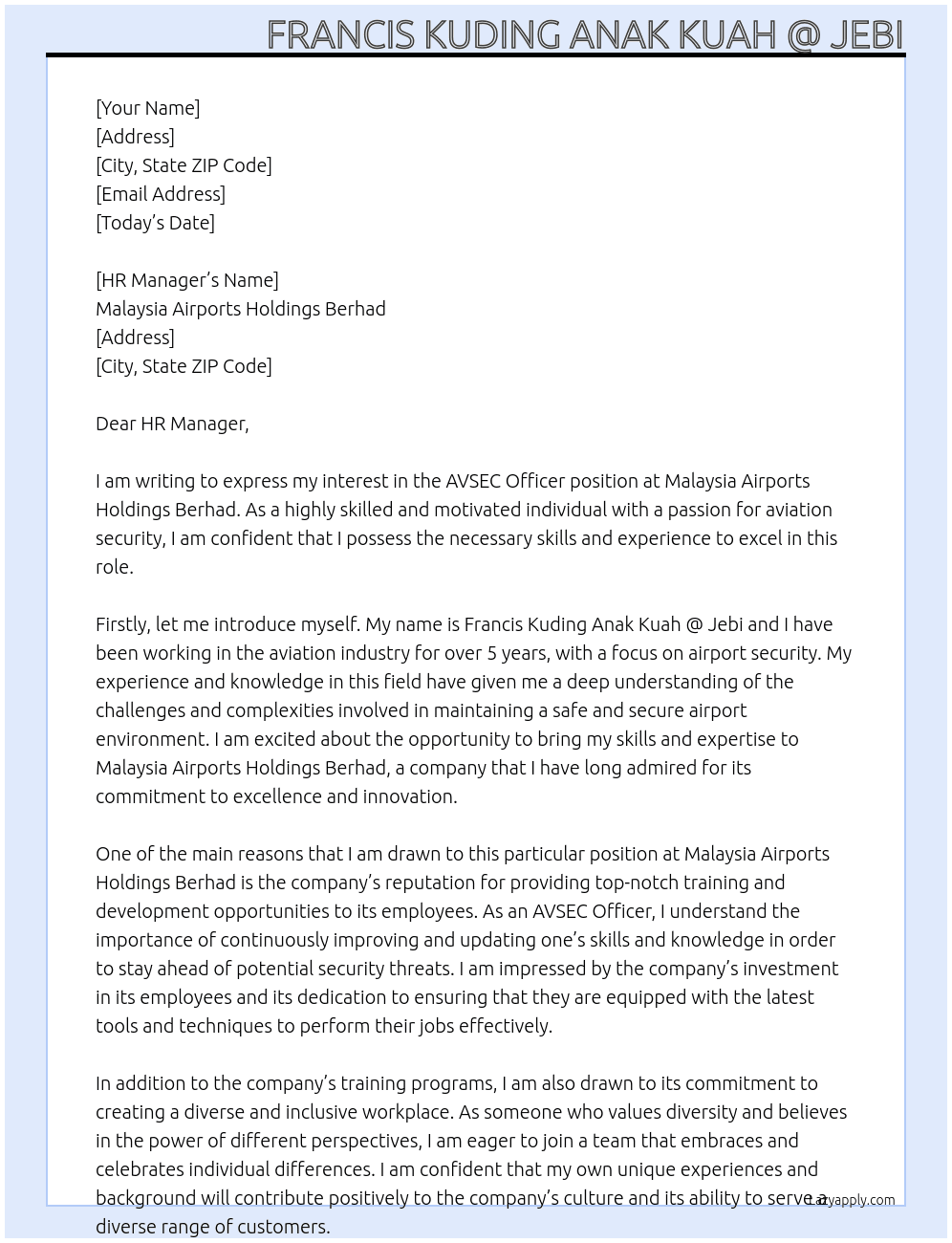 AVSEC Officer At Malaysia Airports Holdings Berhad Cover Letter