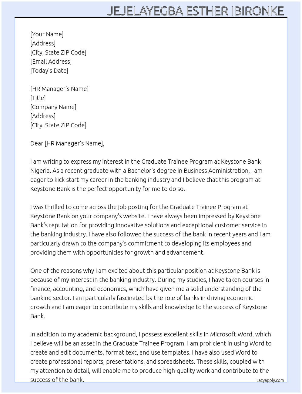 Graduate trainee program  At Keystone Bank Nigeria  Cover Letter
