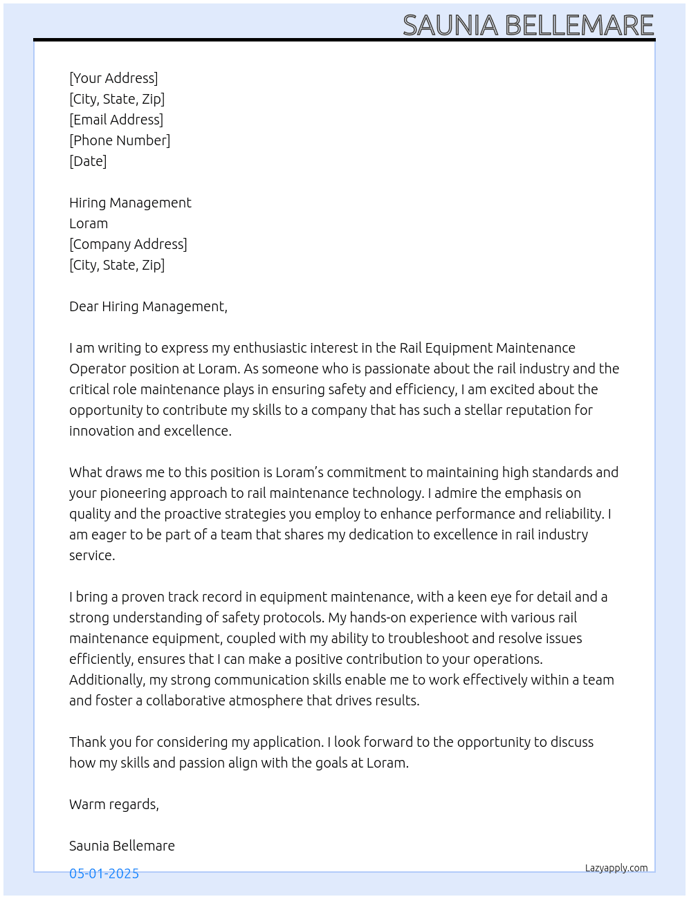 Rail Equipment Maintenance Operator At Loram Cover Letter