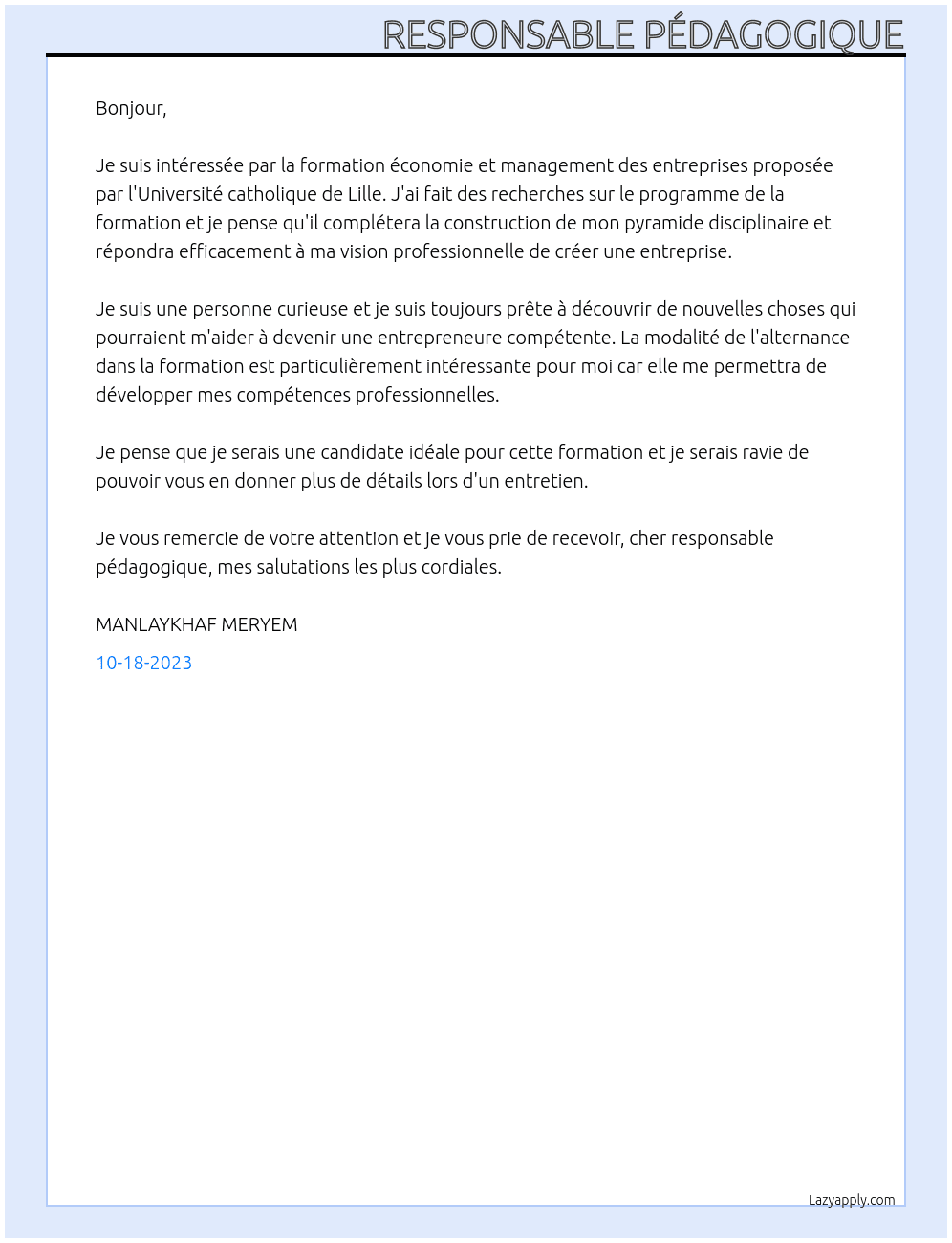 s'inscrire à une formation At université catholique de lille  Cover Letter