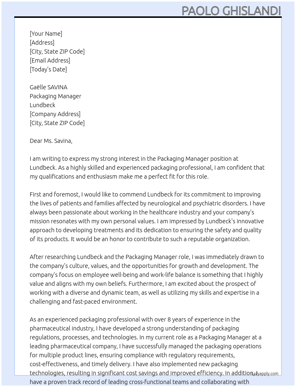 Packaging Manager At Lundbeck Cover Letter
