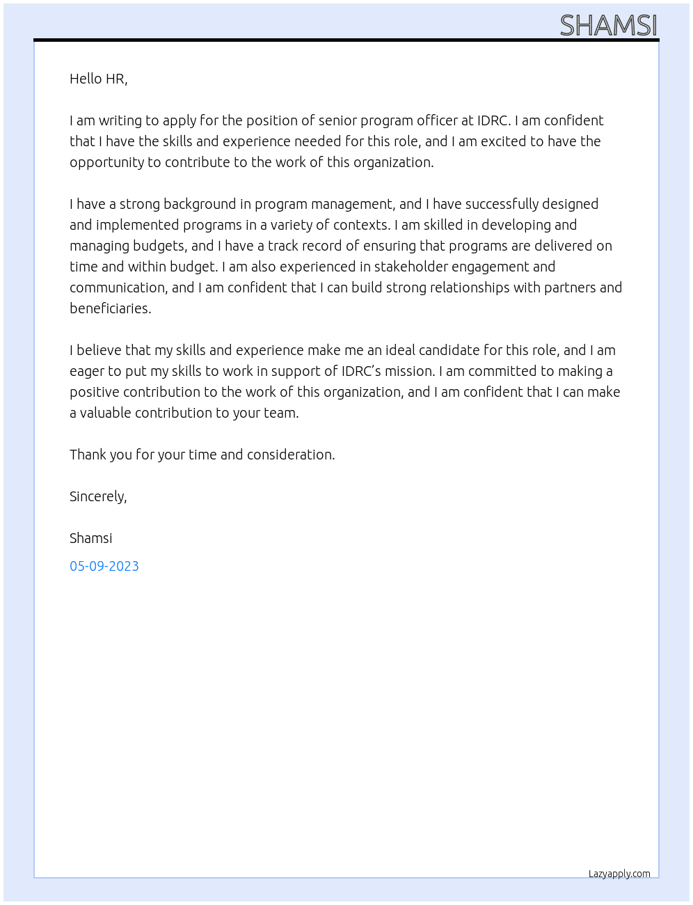 senior program officer At IDRC Cover Letter