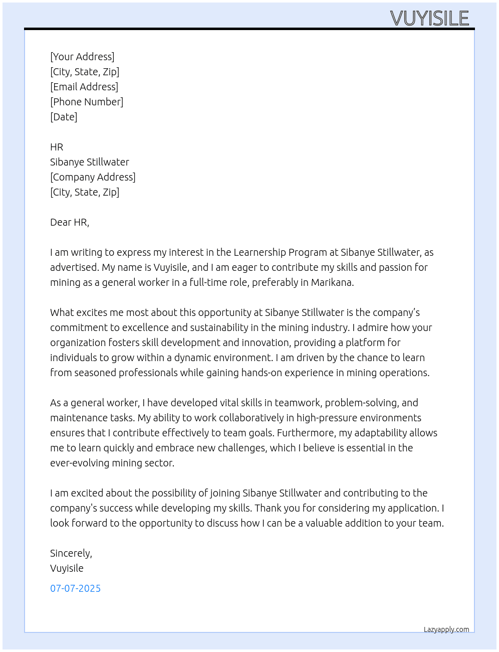 Cover letter for learnership program - LazyApply
