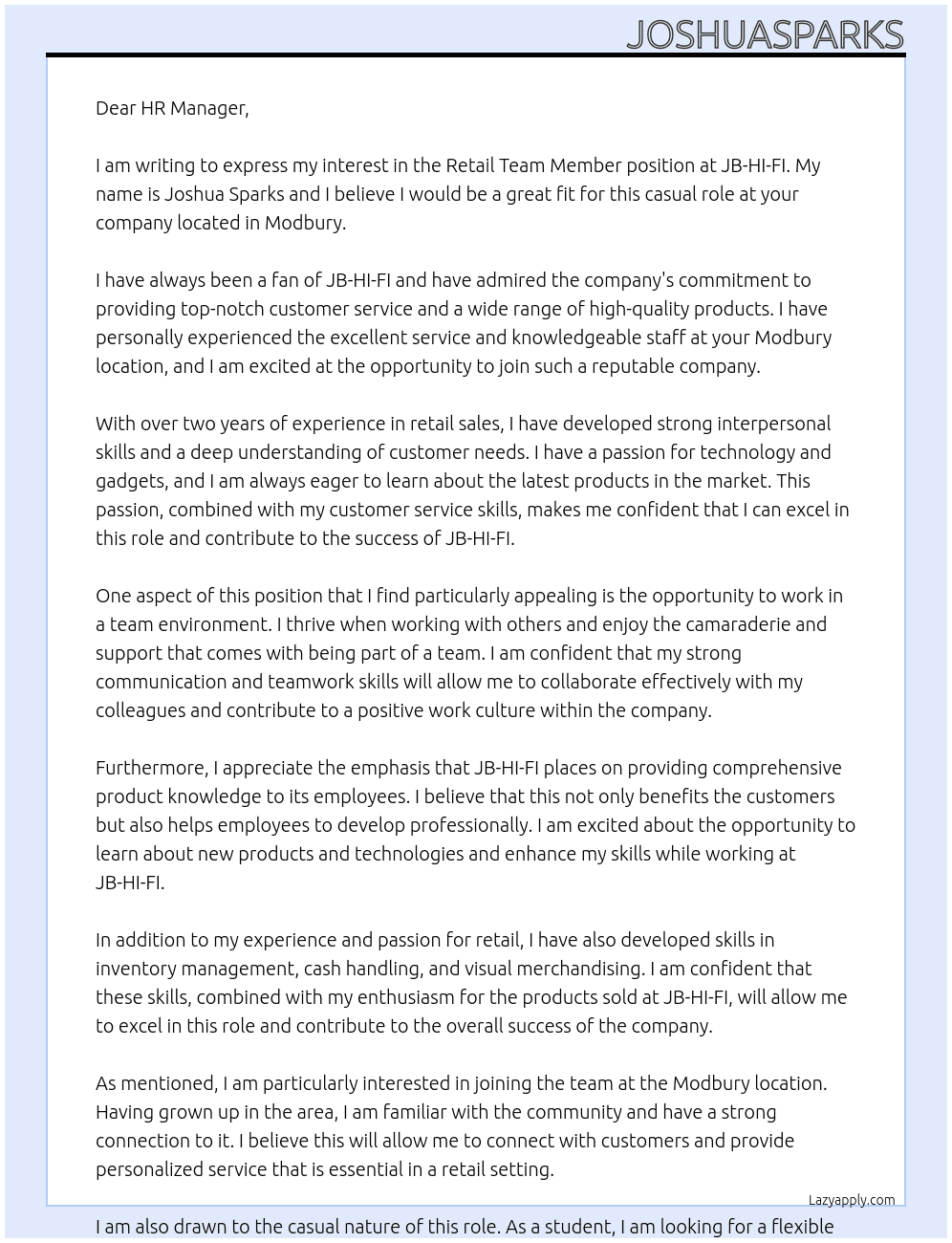 Retail Team Member At JB-HI-FI Cover Letter