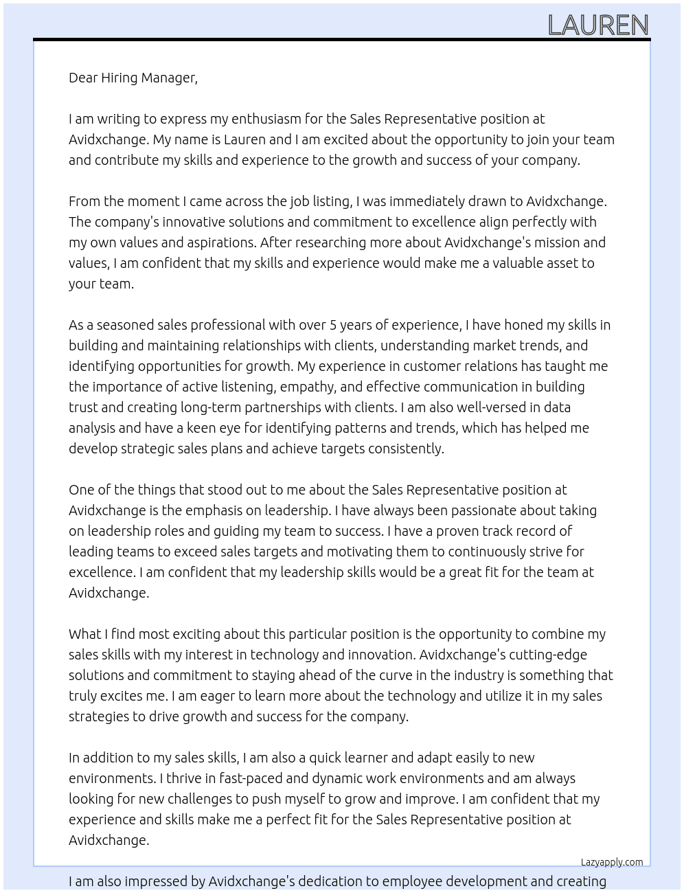 Sales Representative At Avidxchange Cover Letter