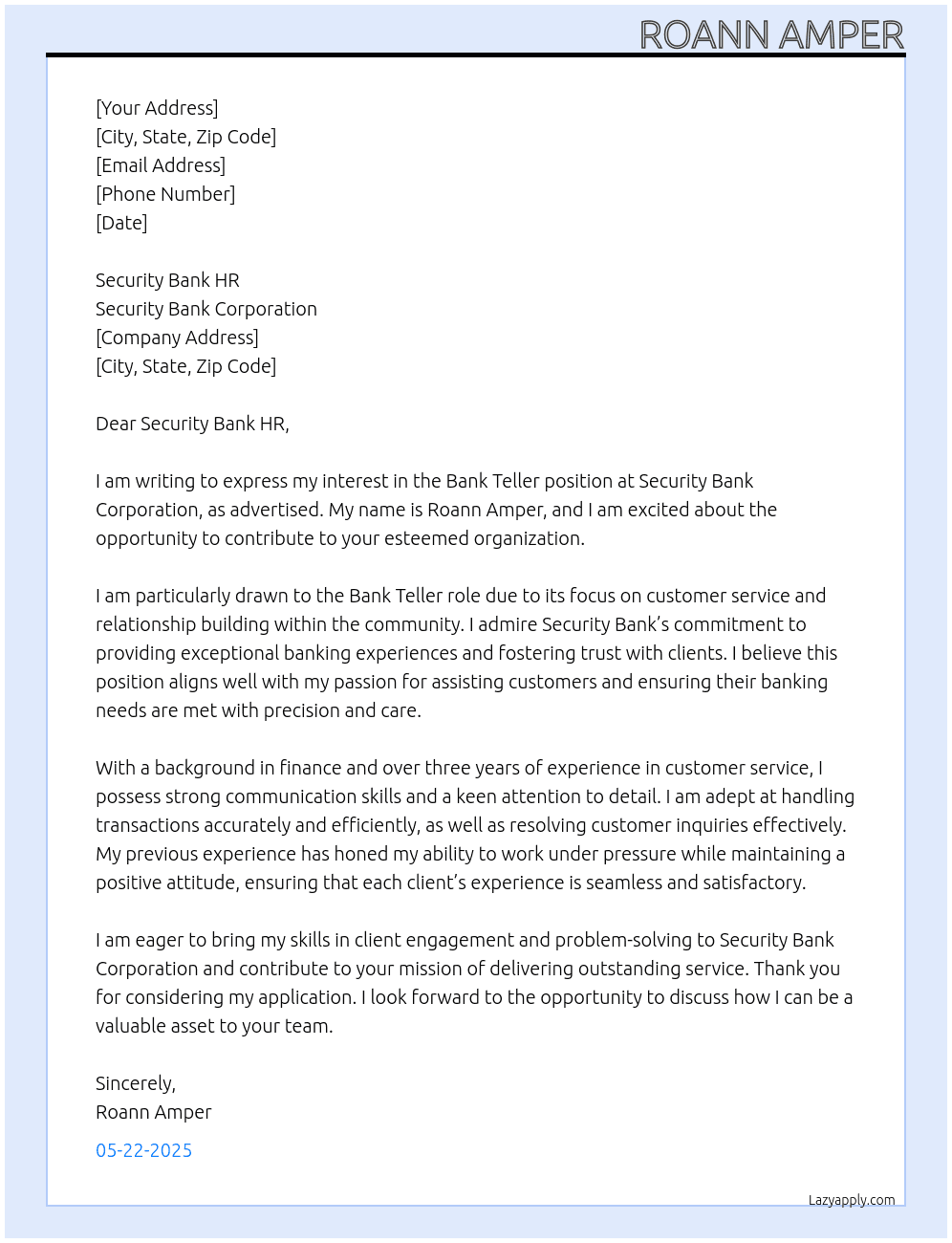 Bank Teller At Security Bank Corporation  Cover Letter
