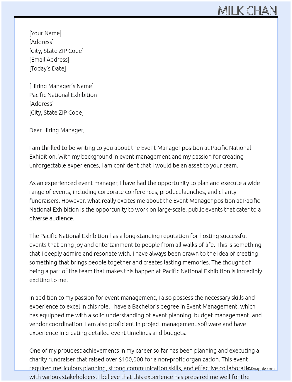 Event Manager At Pacific National Exhibition Cover Letter
