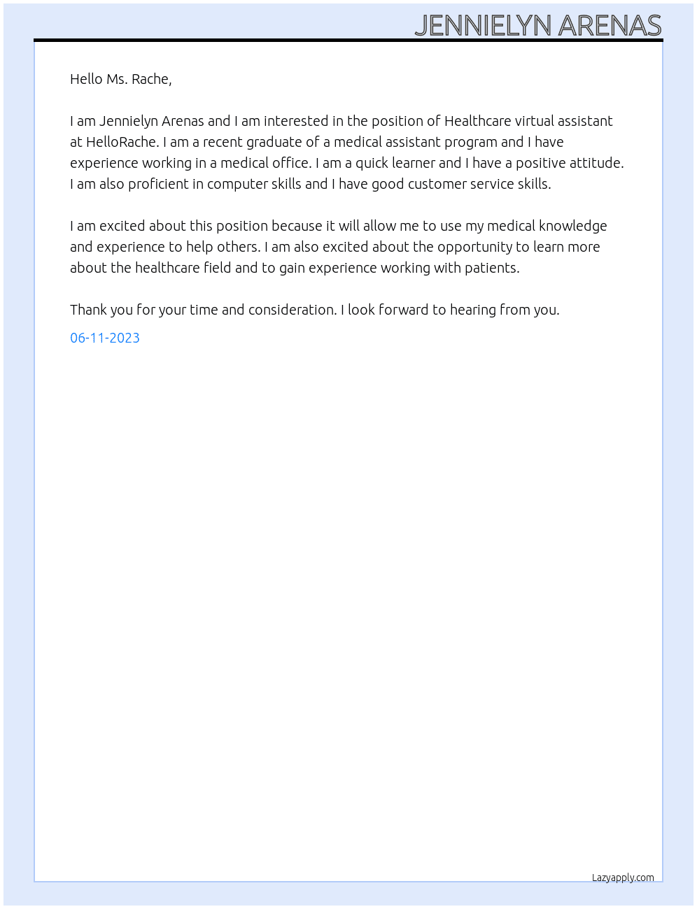 Healthcare virtual assistant  At HelloRache  Cover Letter