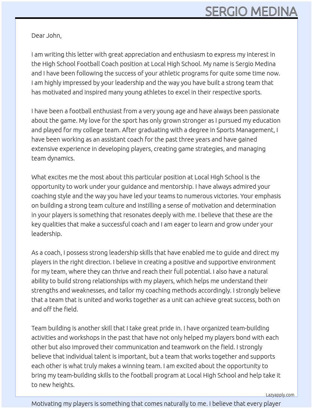 High School Football Coach At Local High School Cover Letter