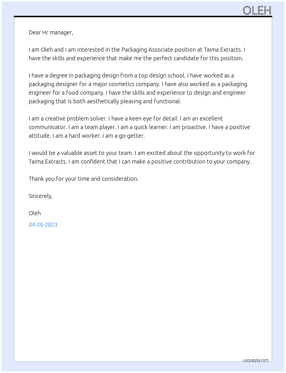 Packaging Associate At Taima Extracts Cover Letter