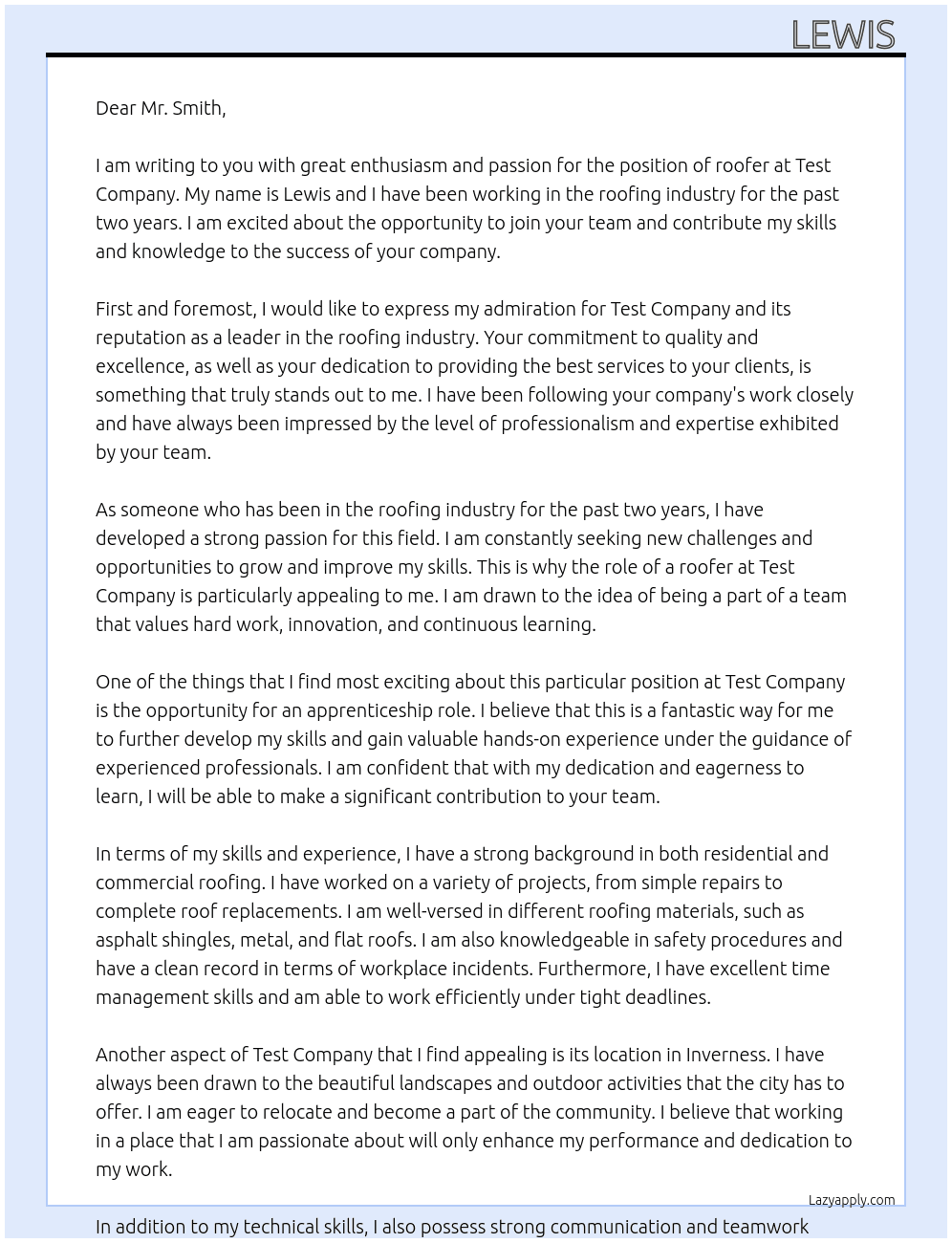 roofer At test Cover Letter