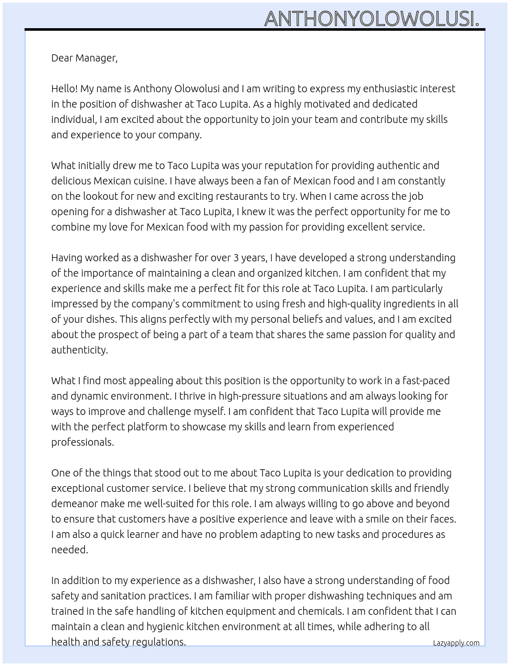 dishwasher At Taco Lupita Cover Letter