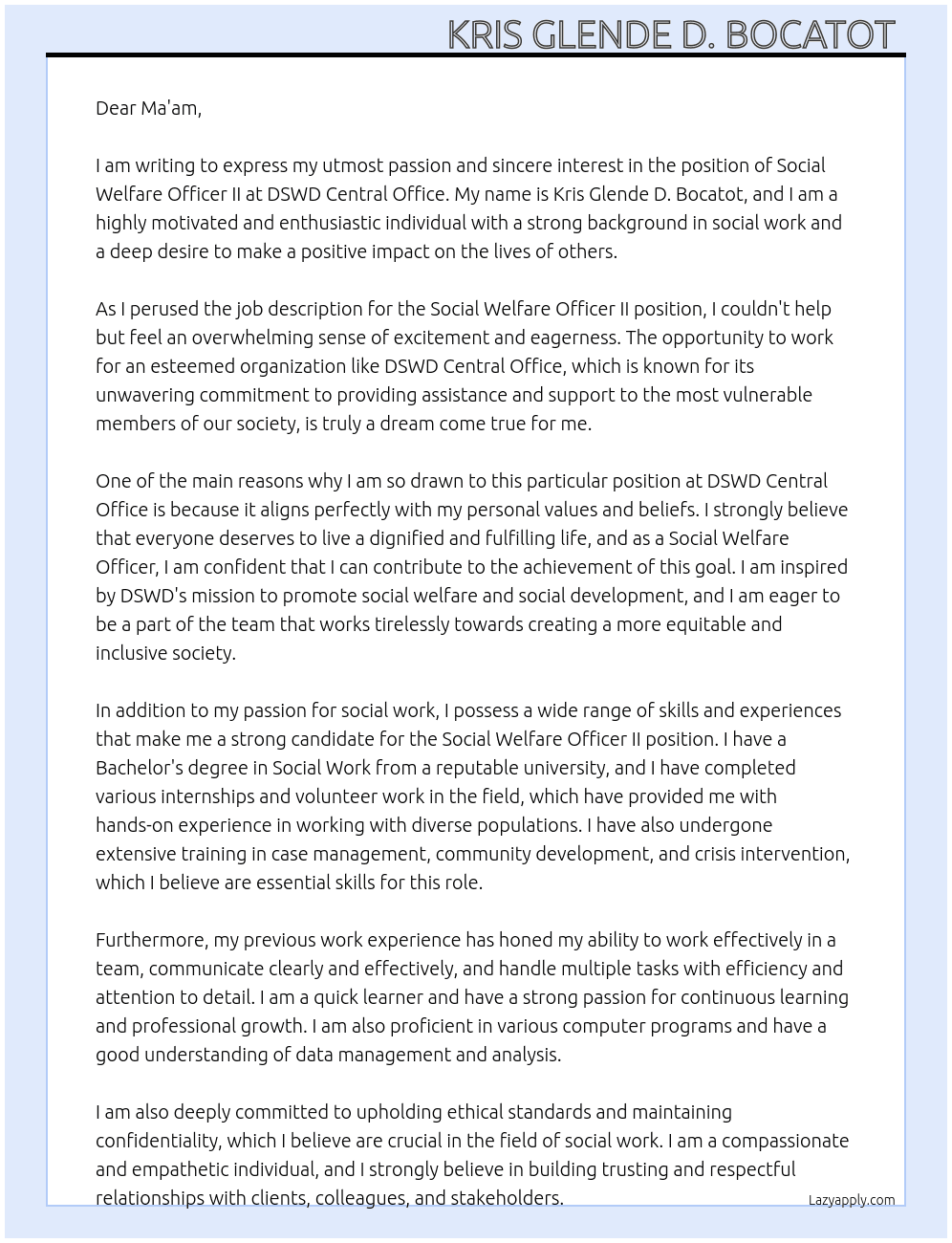 SOCIAL WELFARE OFFICER II At DSWD CENTRAL OFFICE  Cover Letter